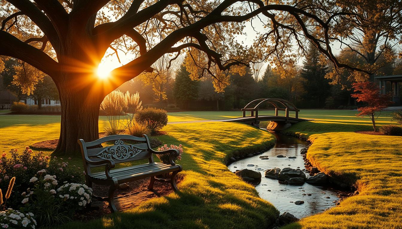 Serene park during golden hour with vintage bench, stream, and warm sunlit ambiance.