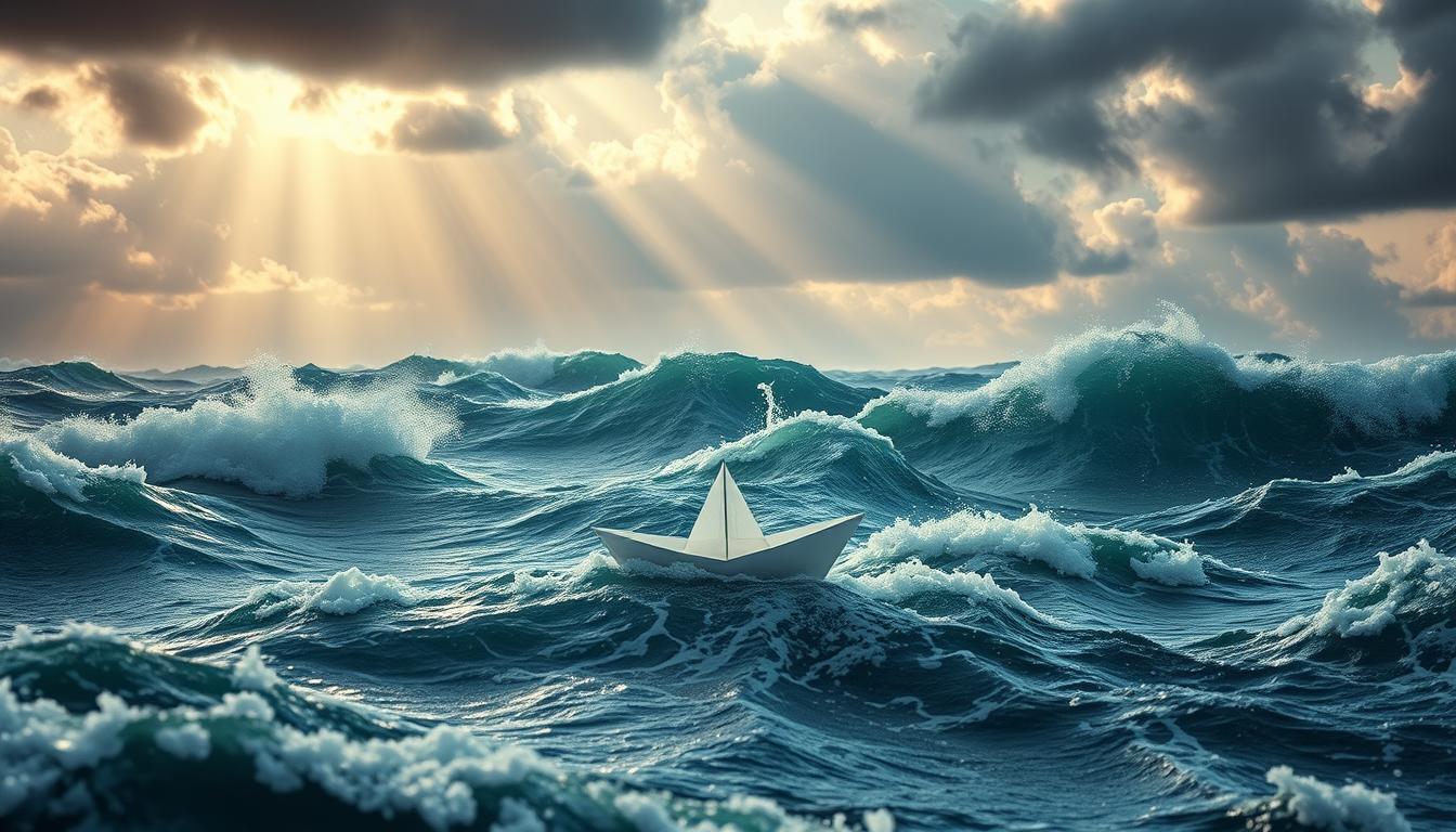 A lone paper boat navigates tumultuous ocean waves under stormy clouds, symbolizing resilience.