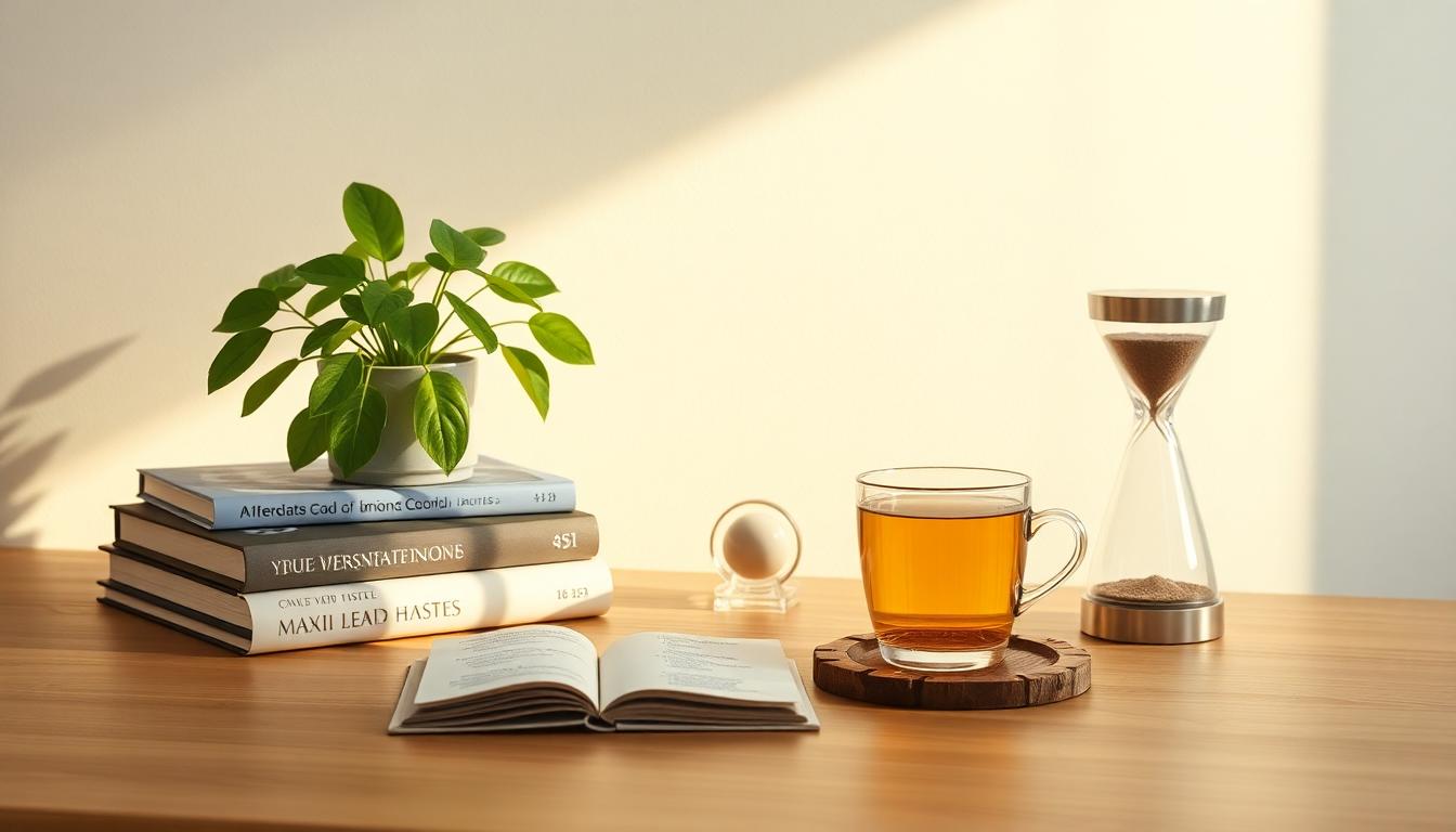 A minimalist workspace with a plant, books, journal, and steaming herbal tea.