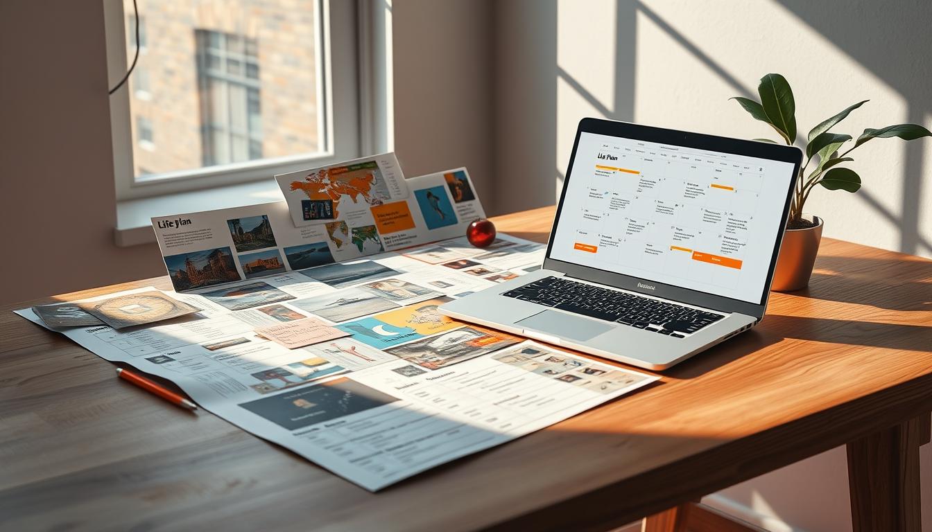 Vision board on a minimalist desk with vibrant images, notes, laptop, and plant.