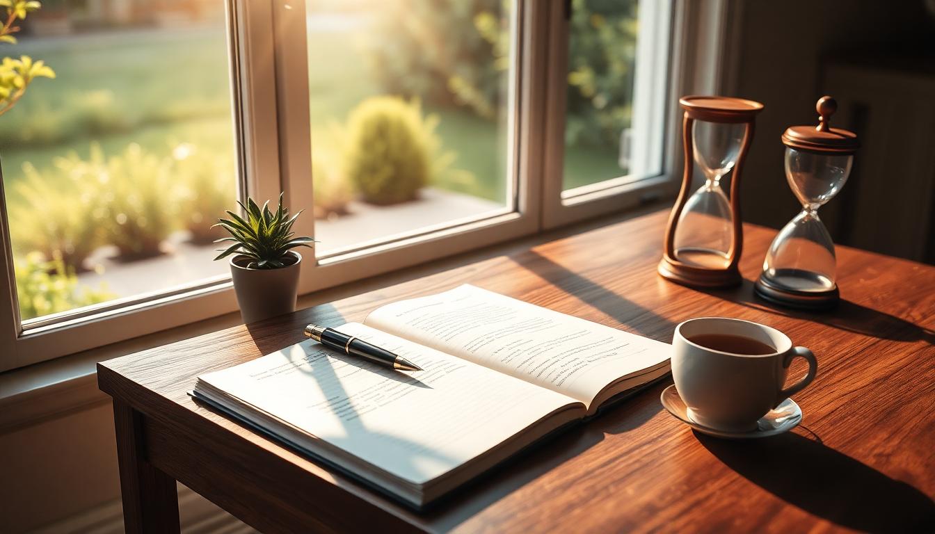 Serene desk by window with notebook, pen, plant, hourglass, and tea symbolizing introspection.