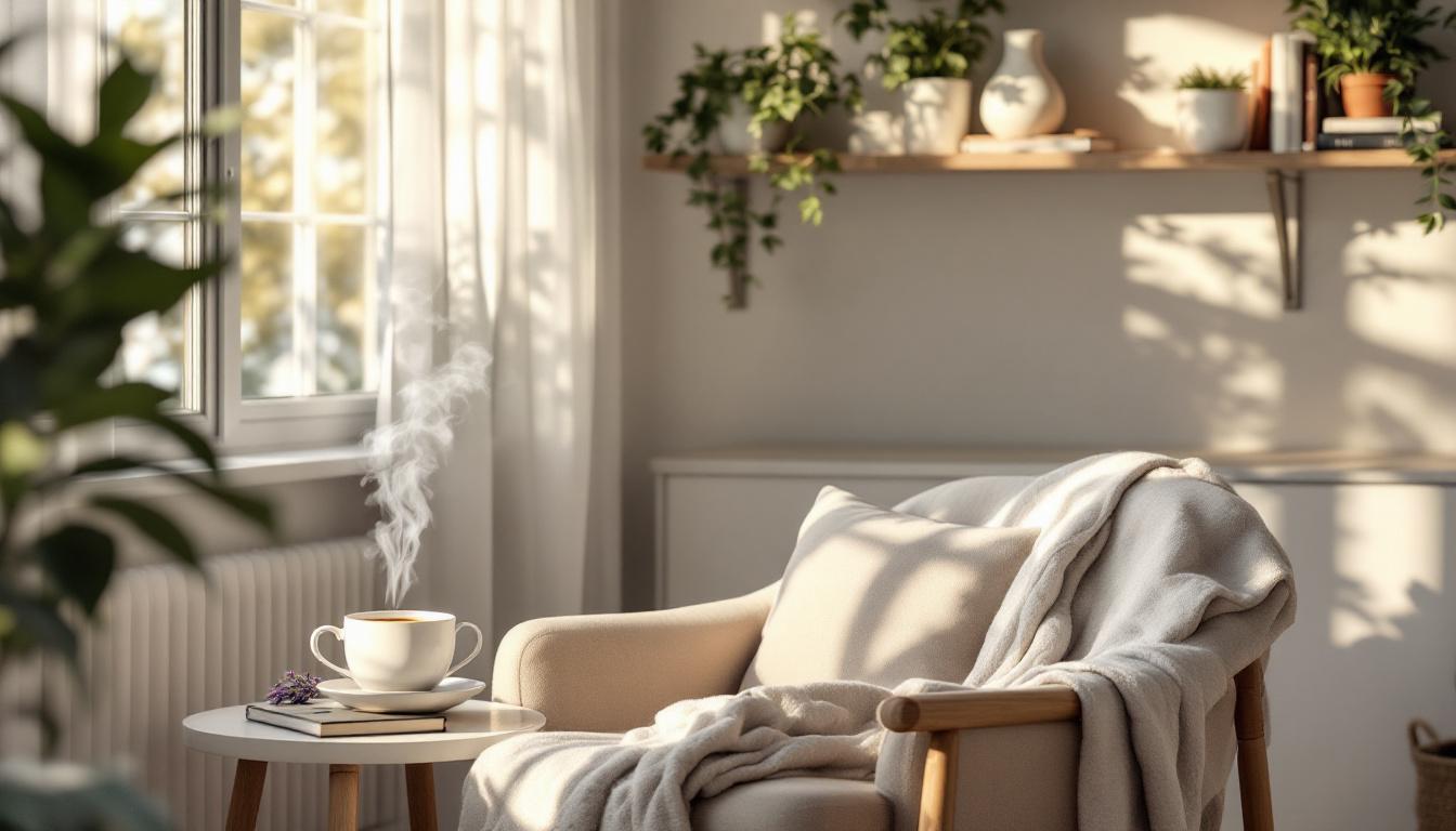 Sunlit bedroom with unmade bed, herbal tea, journal, and tranquil garden view.