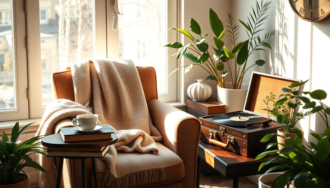 Cozy sunlit room with armchair, herbal tea, books, plants, and playing jazz vinyl.