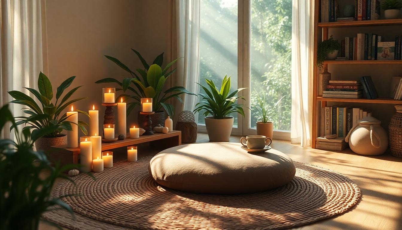 Serene meditation space with candles, crystals, plants, and sunlight streaming through a window.