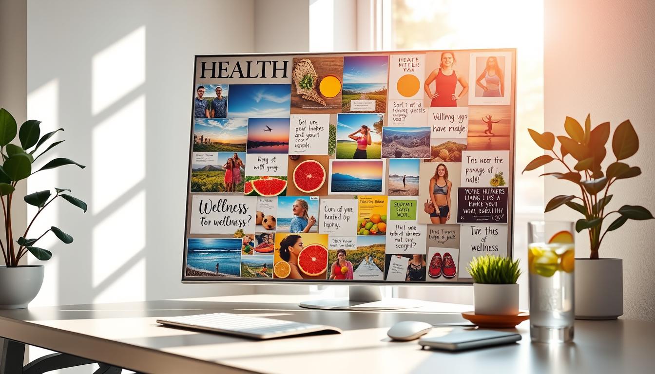 A vibrant health vision board with wellness images, affirmations, and fitness symbols.