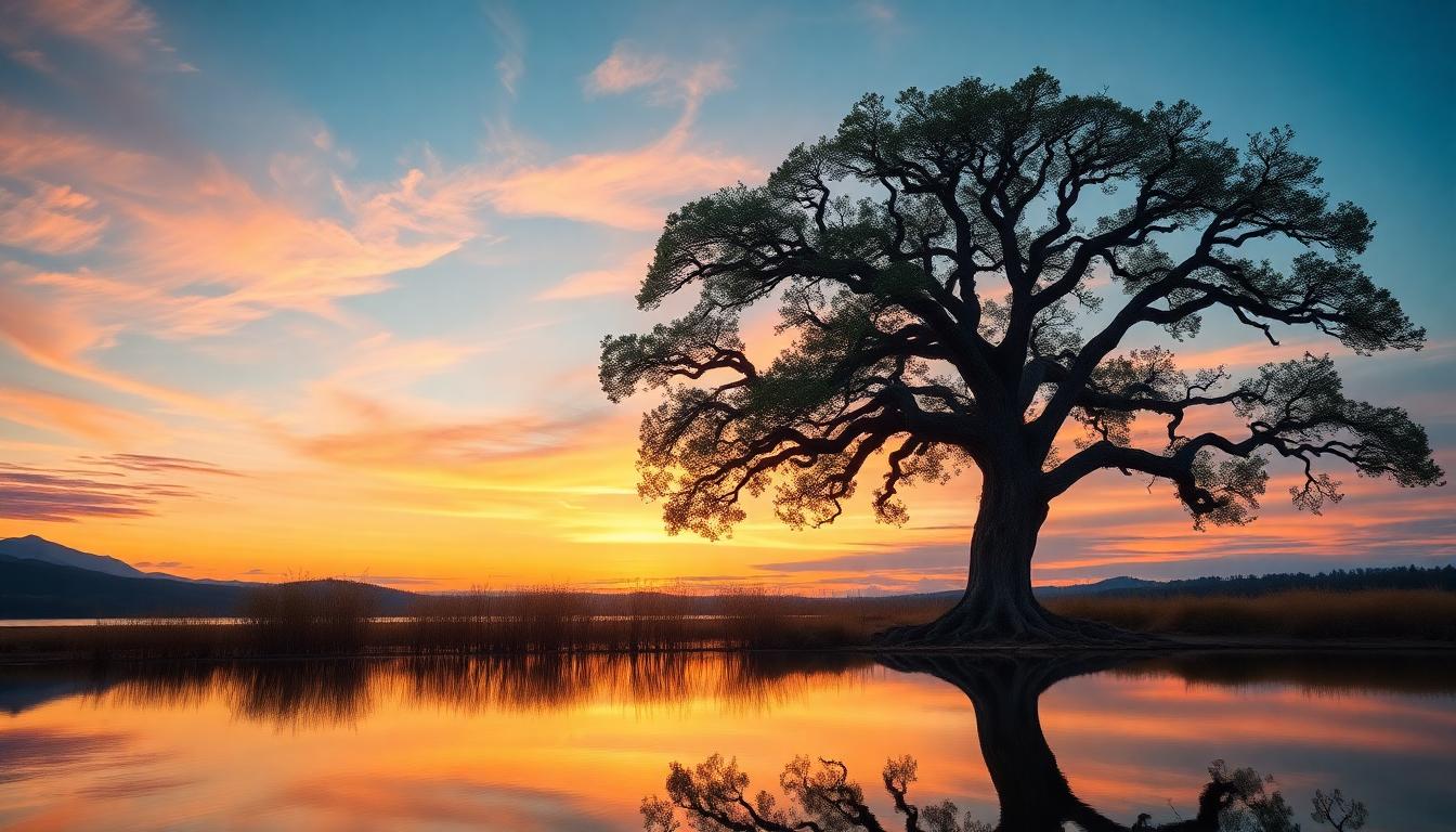 Tranquil lakeside at dawn reflects sunrise, symbolizing personal growth; ancient oak embodies wisdom.