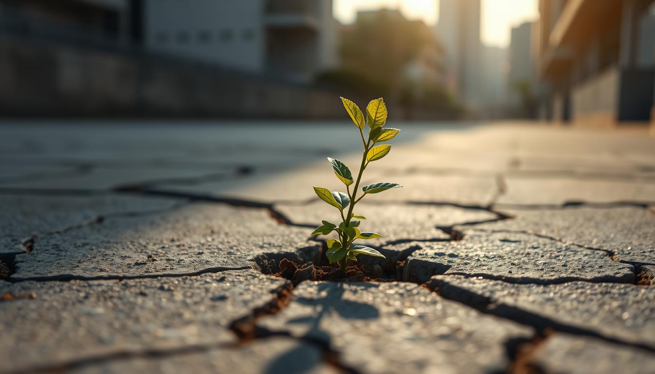 Vibrant green sapling emerging from cracked urban pavement, symbolizing resilience and growth against adversity.