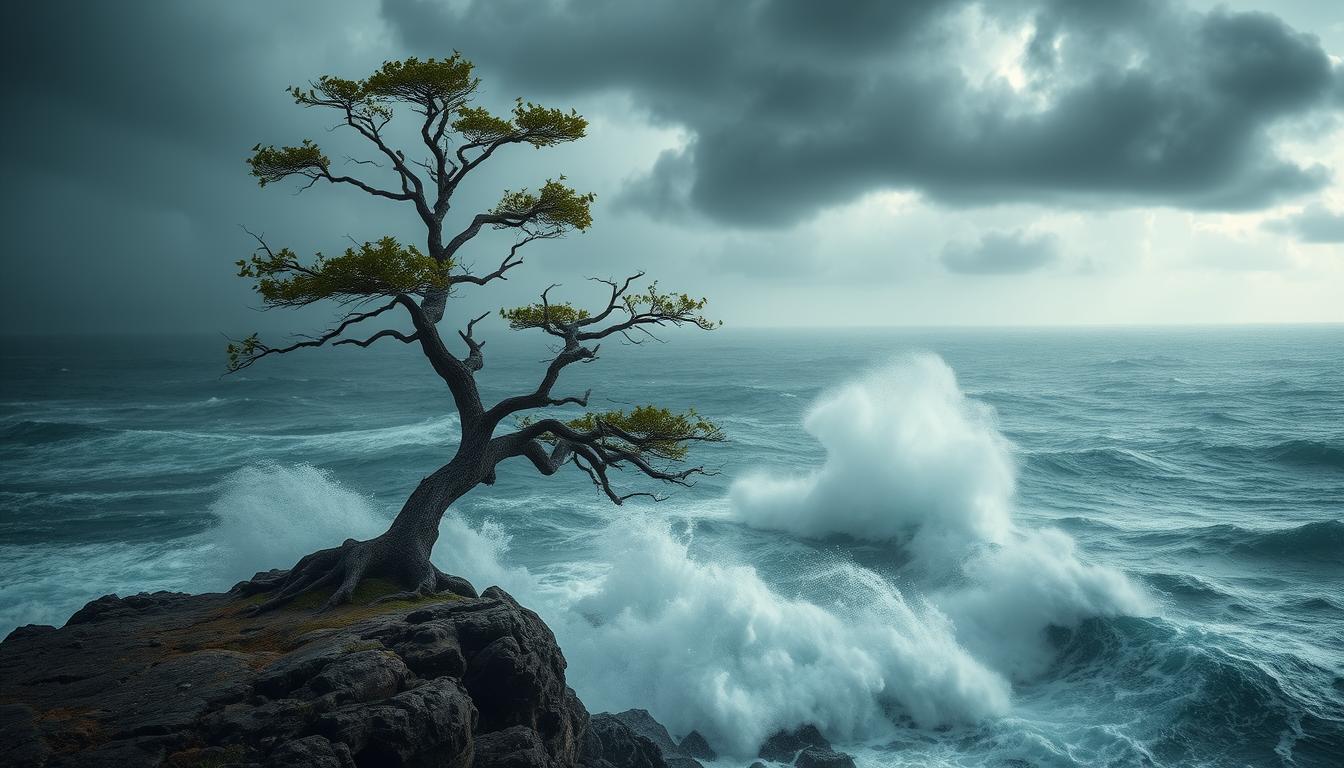 Lone tree stands resilient amid stormy waves, symbolizing strength against adversity on rugged cliff.