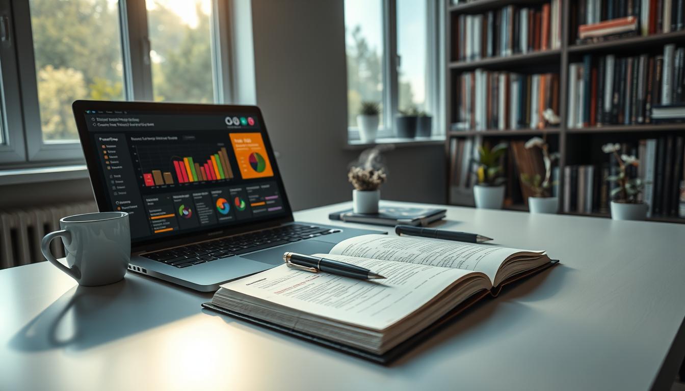 A minimalist workspace with a laptop, journal, coffee, and motivational books.