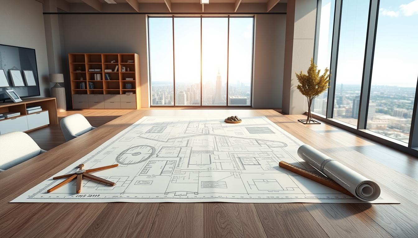 A modern workspace with a blueprint, symbols of ambition, and city skyline view.