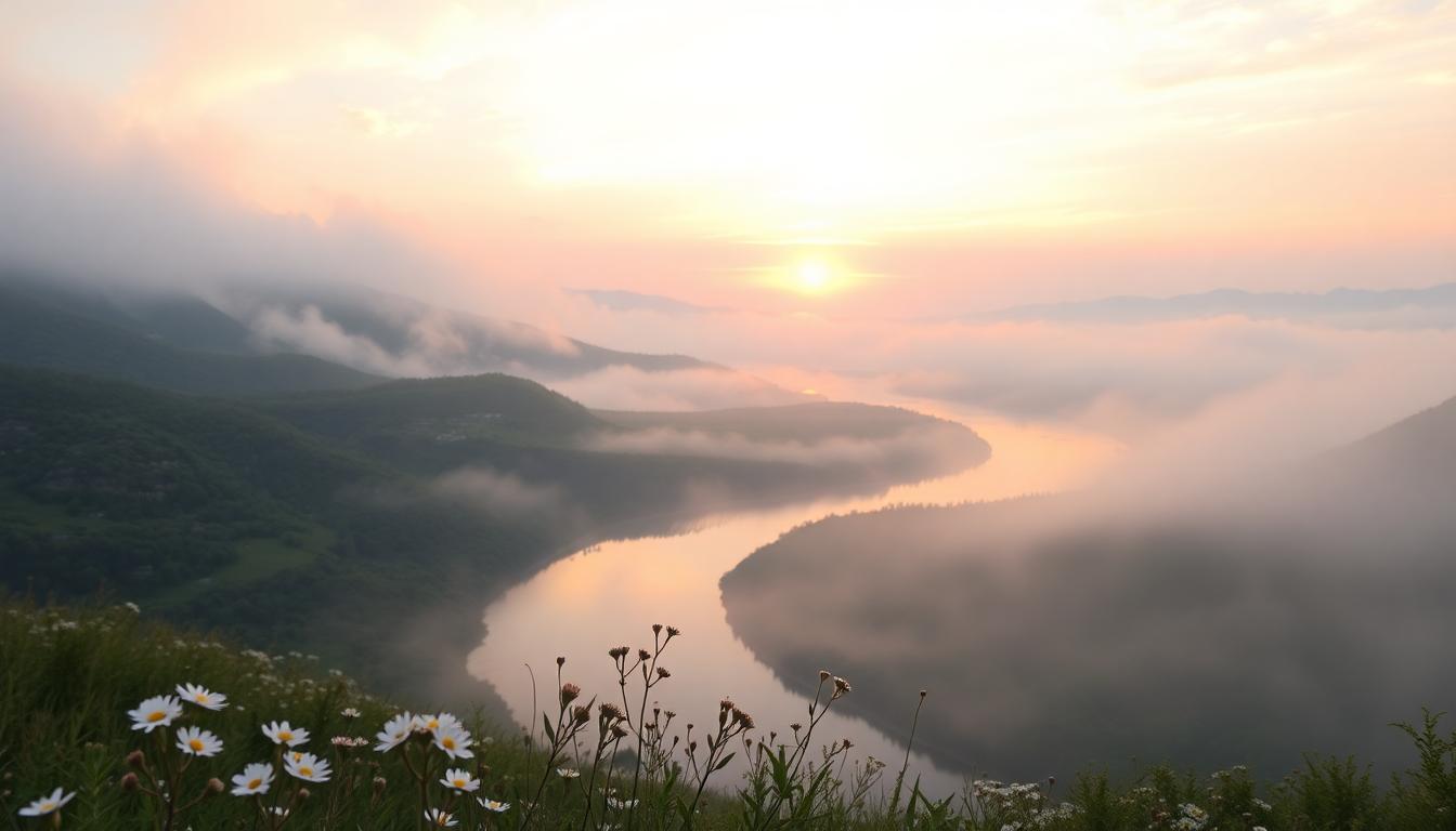 Serene dawn over misty valley with wildflowers, river, and pastel sky hues.