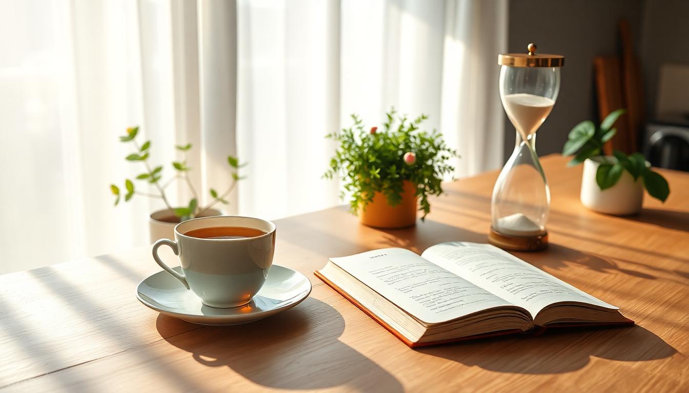 Minimalist kitchen with herbal tea, croissant, journal, and sunlight filtering through curtains.