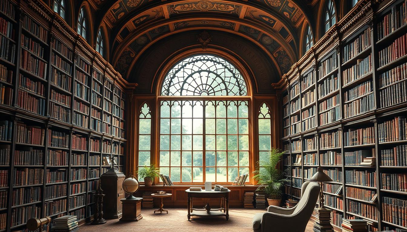 Expansive library with soaring ceilings, ornate bookshelves, and a cozy garden-view reading nook.