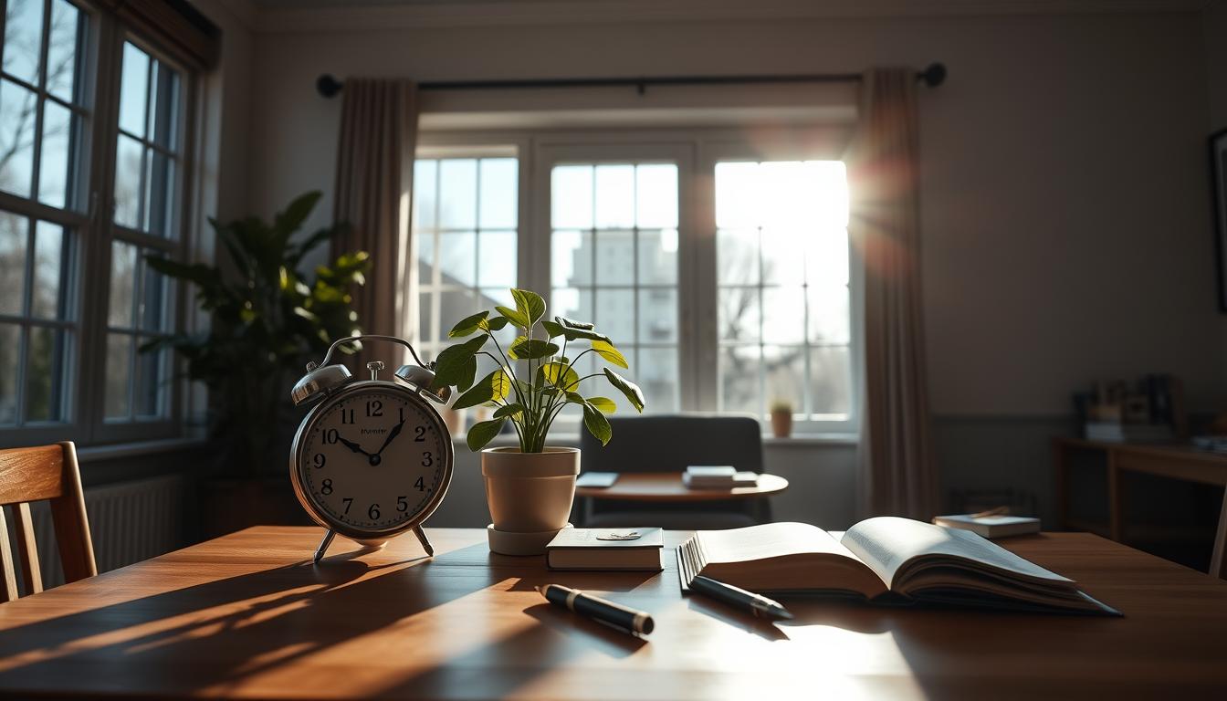 Minimalist workspace with vintage clock, potted plant, and open journal in natural light.