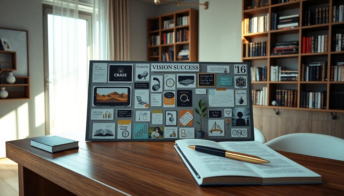 Vision board on desk with career goals, inspirational quotes, and growth symbols.