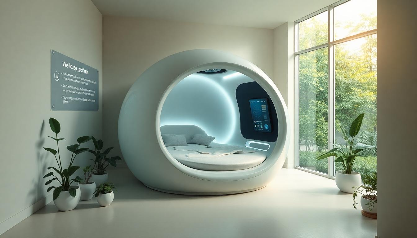 Futuristic relaxation pod in a minimalist sanctuary, blending technology and nature seamlessly, 2025.