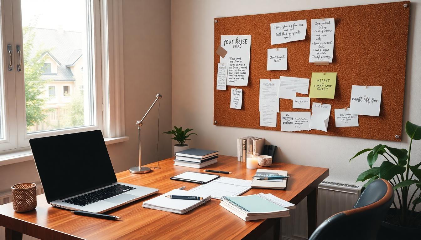 A serene, organized workspace with natural light, elegant stationery, and motivational quotes.