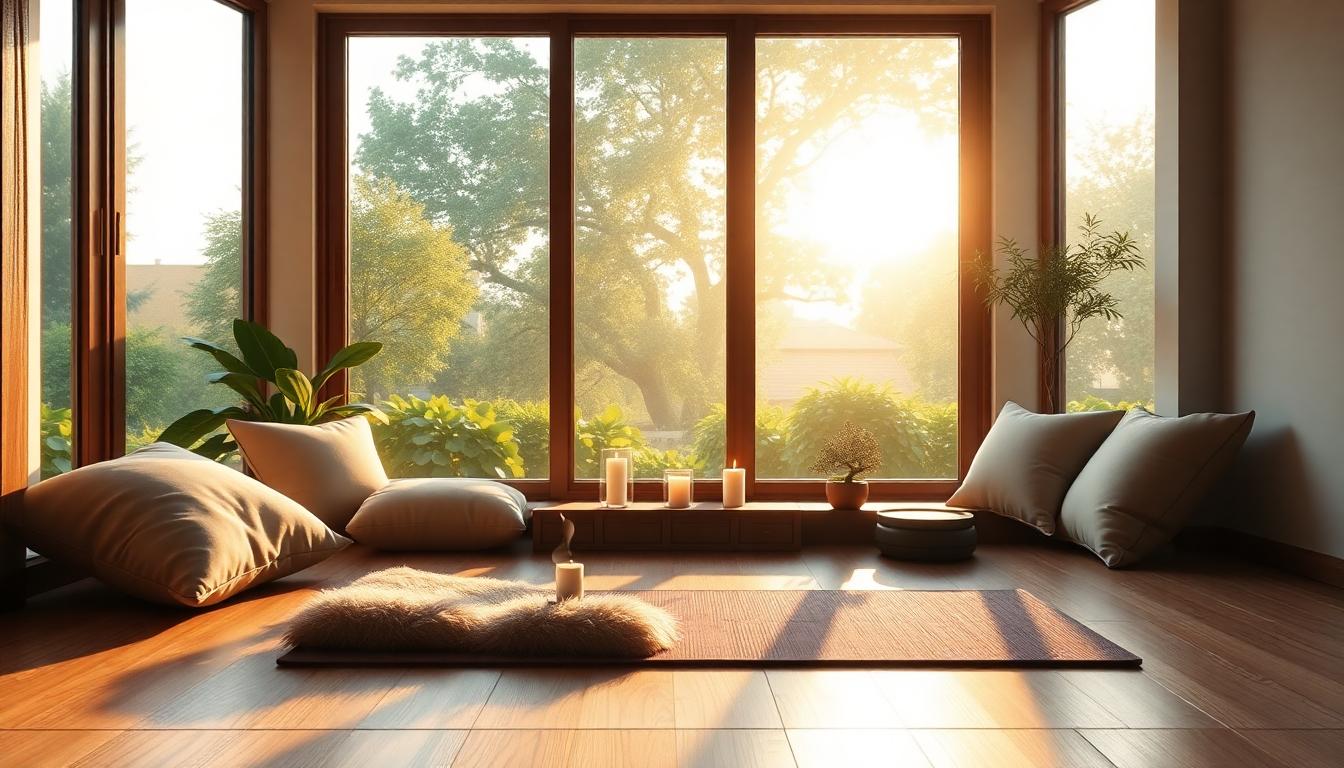 Serene meditation nook with cushions, yoga mat, candle, bonsai, and sunlight-filtered garden view.