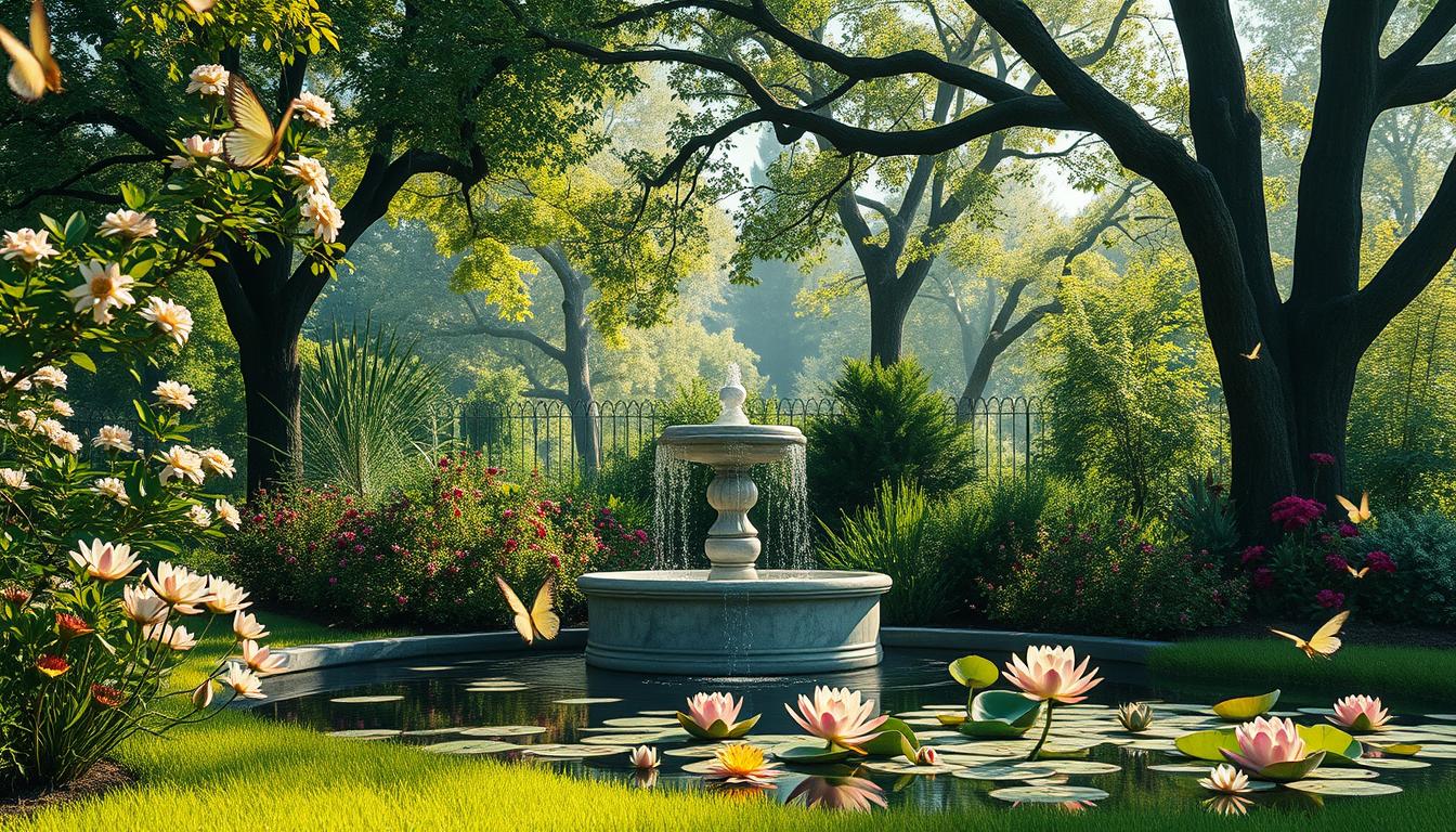 A serene garden scene with a marble fountain, lush flowers, and self-care items.