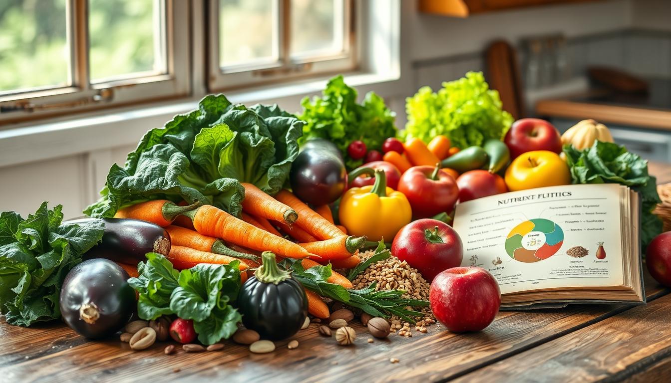 A vibrant array of colorful fruits and vegetables on a rustic wooden table.