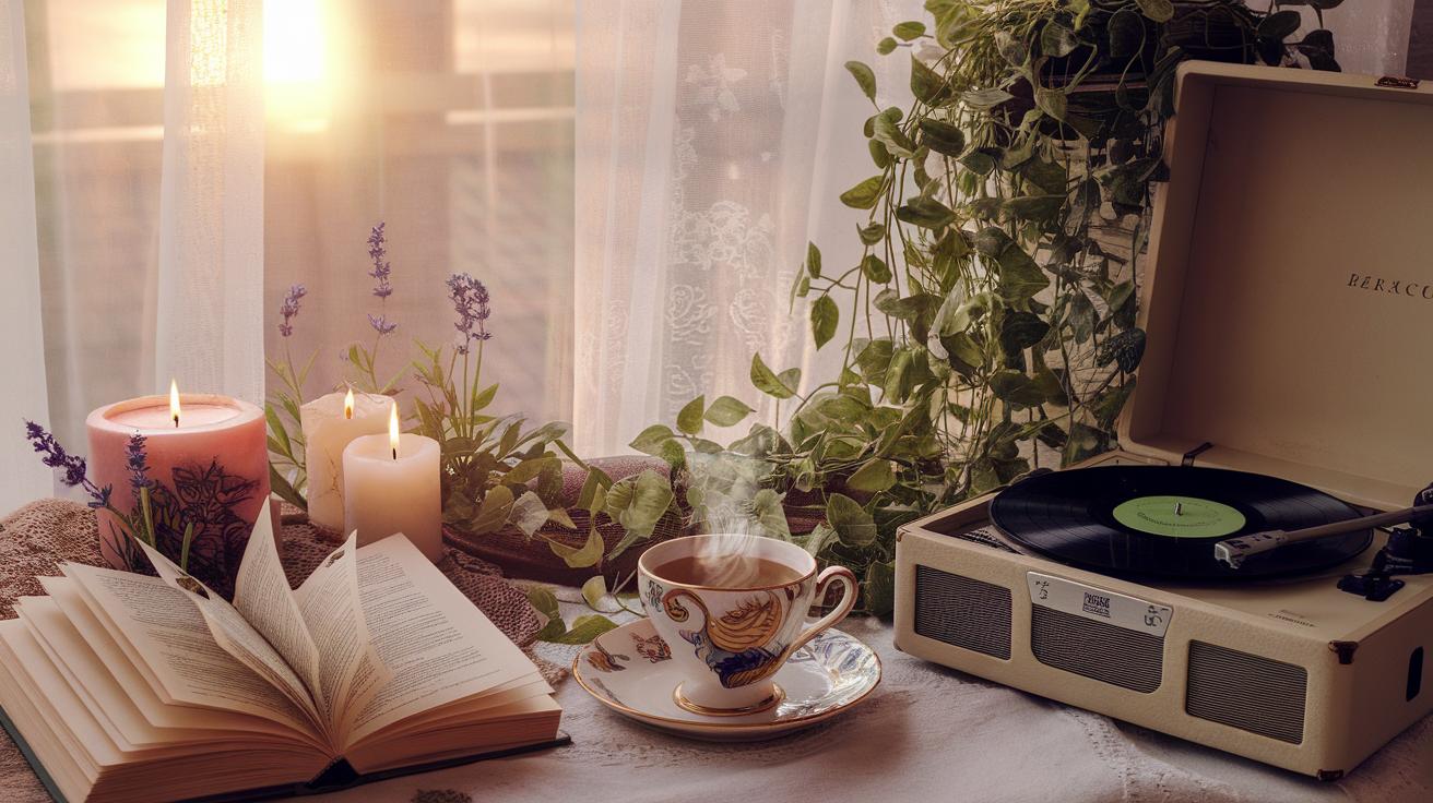 Sunlit room with candle, book, teacup, plant, record player, and warm atmosphere.