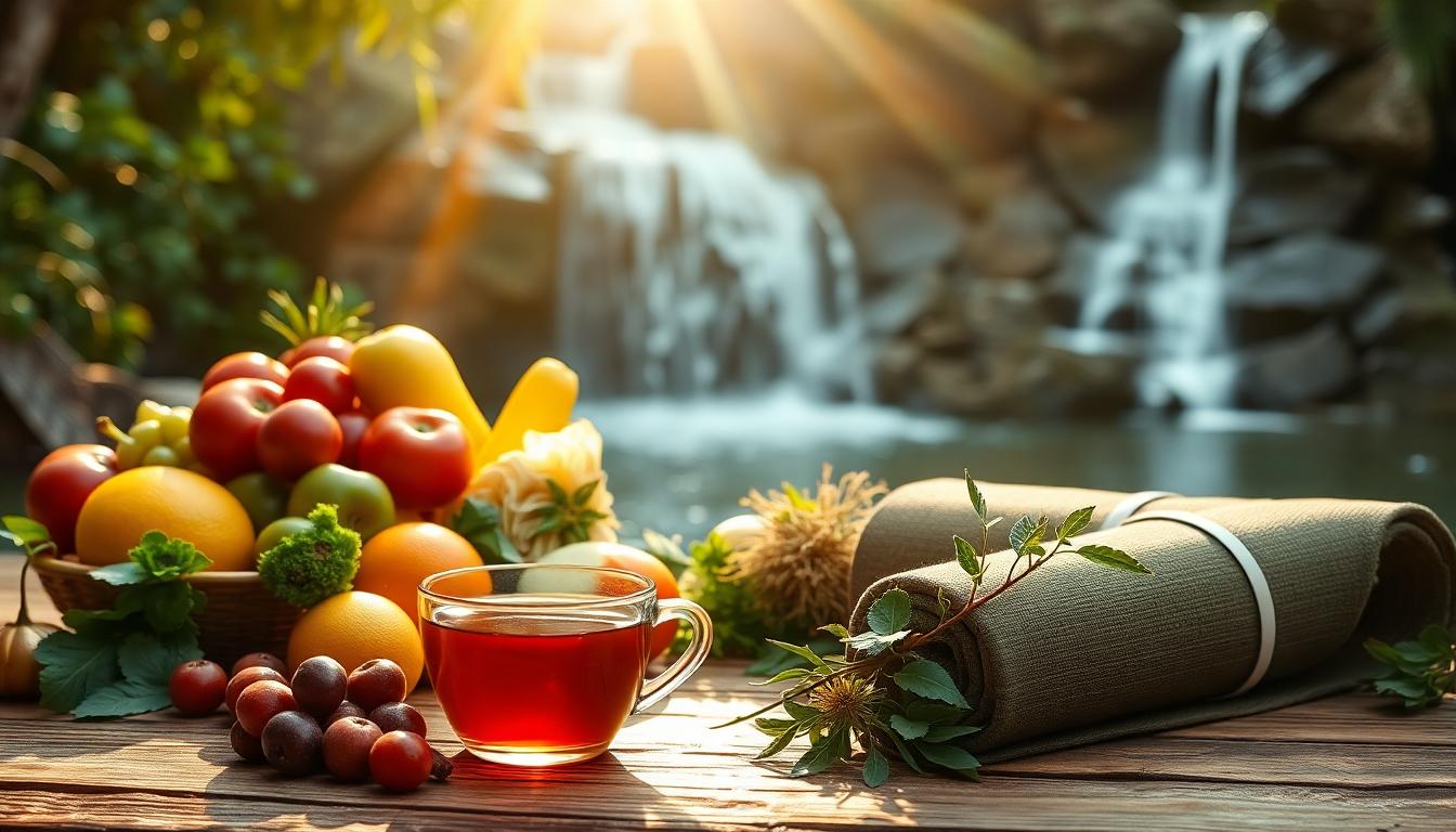 A serene scene with fresh produce, herbal tea, yoga mat, and cascading waterfall.