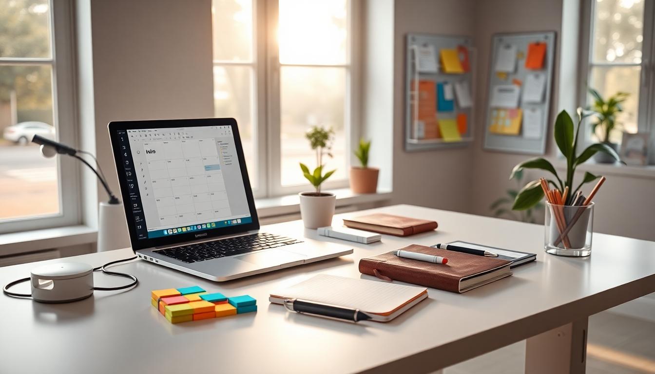 Elegant workspace with planner, analog clock, vintage lamp, and motivational calendar quotes.