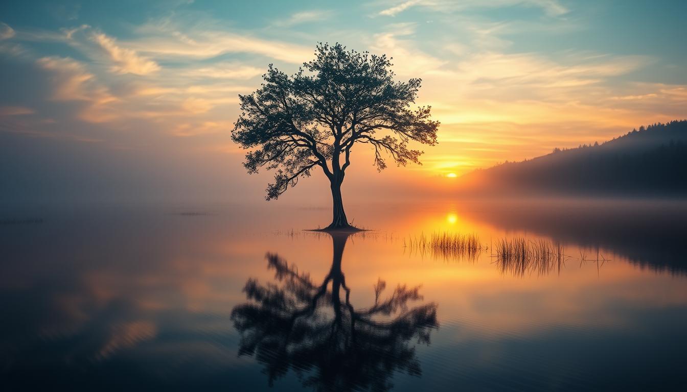 Hyperrealistic image of a lone tree by a lake at dawn with mist rising.