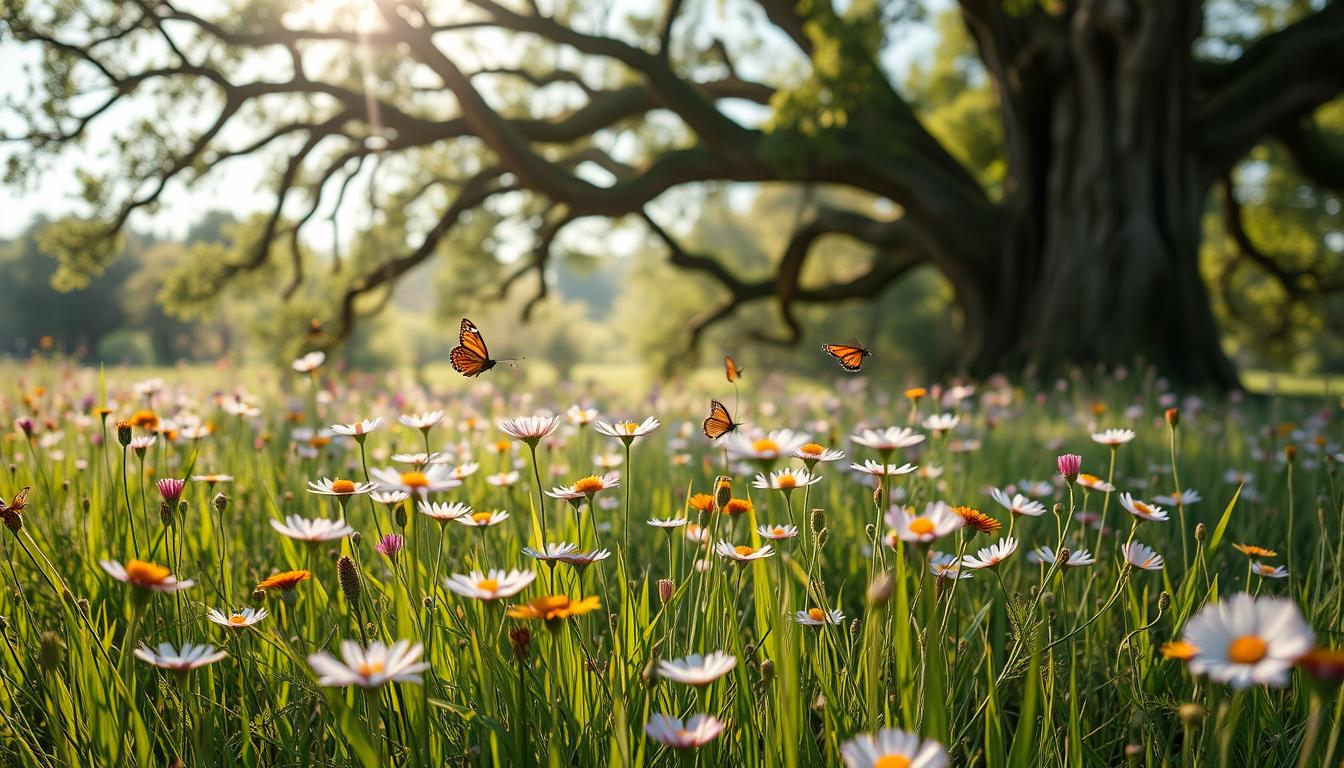 A serene meadow with vibrant wildflowers, butterflies, dappled sunlight, and gentle brook.