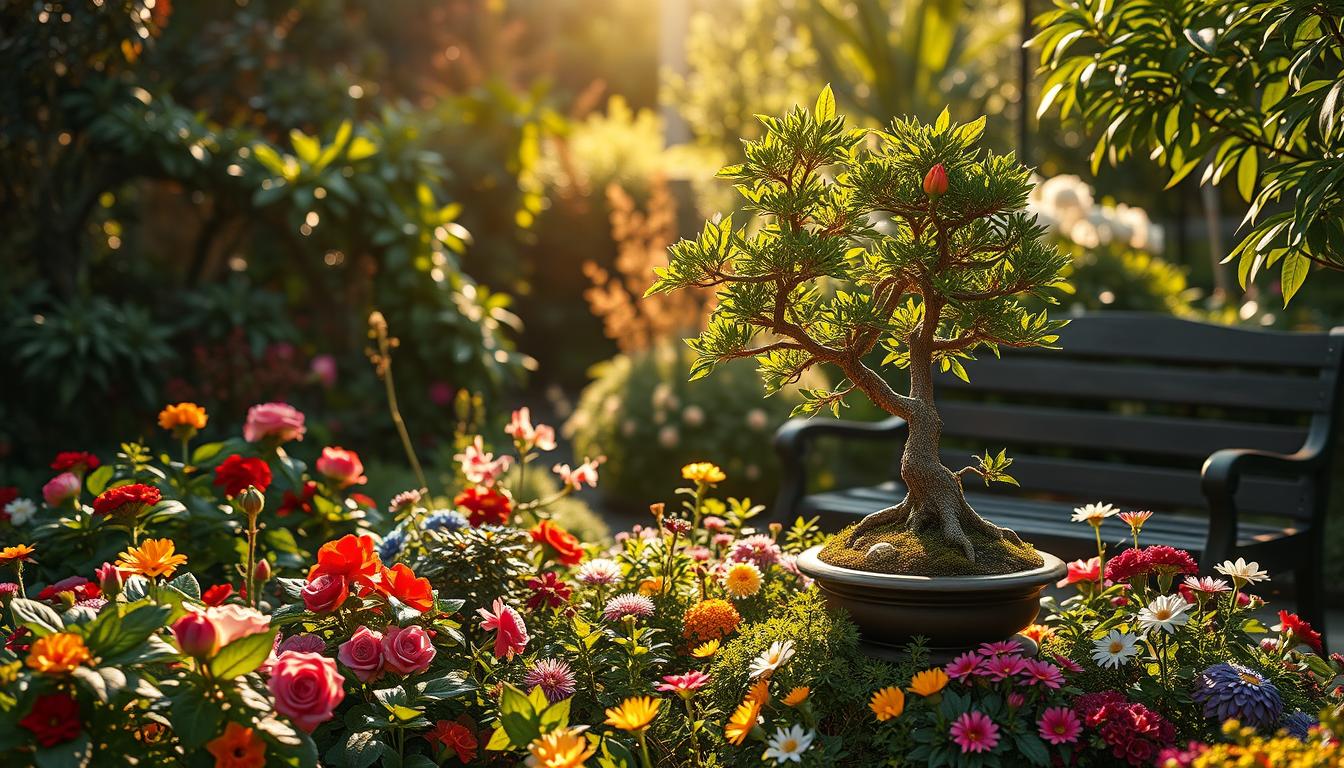 A vibrant garden with a bonsai tree, symbolizing growth, resilience, and self-improvement.