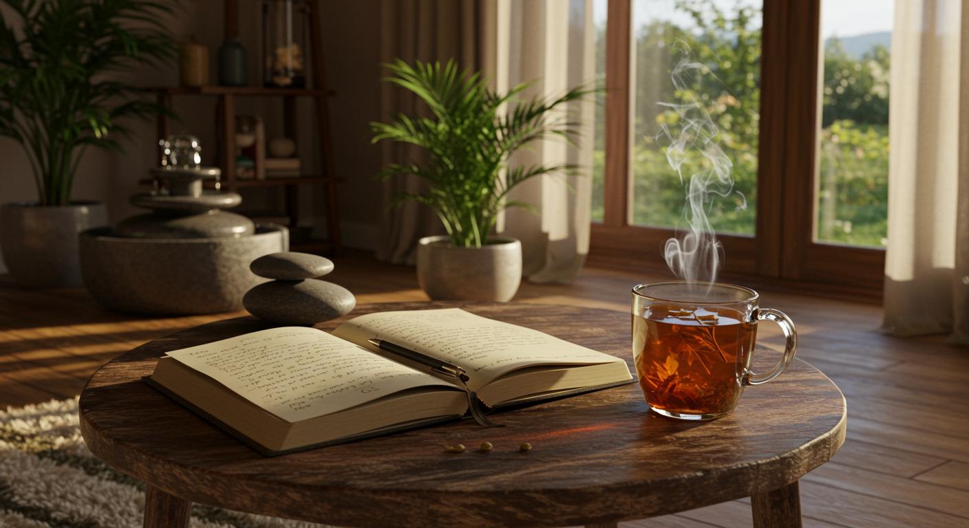 Serene meditation space with sunlight, journal, herbal tea, plants, and calming elements.