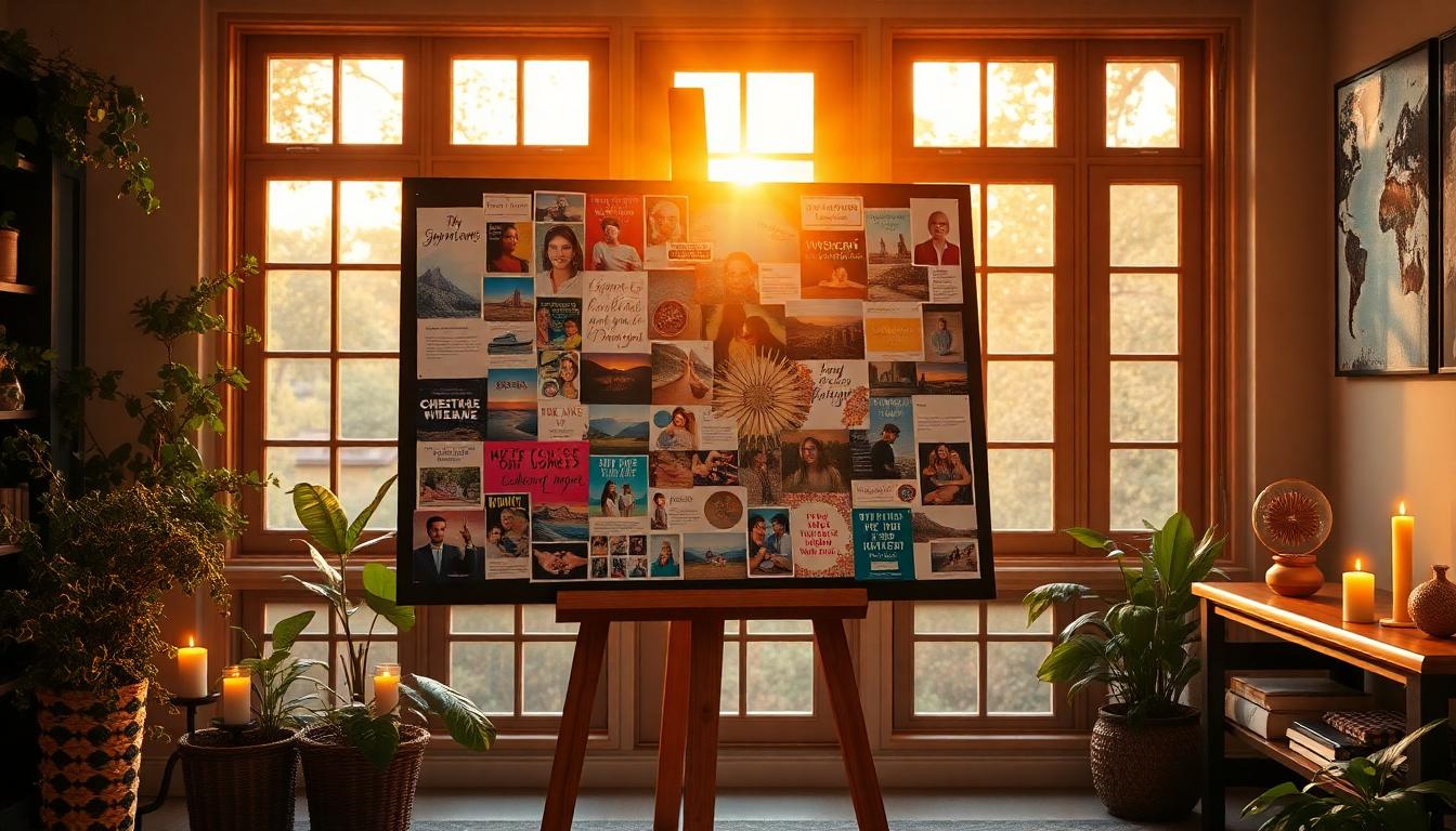 Hyperrealistic photo of a vibrant vision board, illuminated by sunlight in a tranquil study.