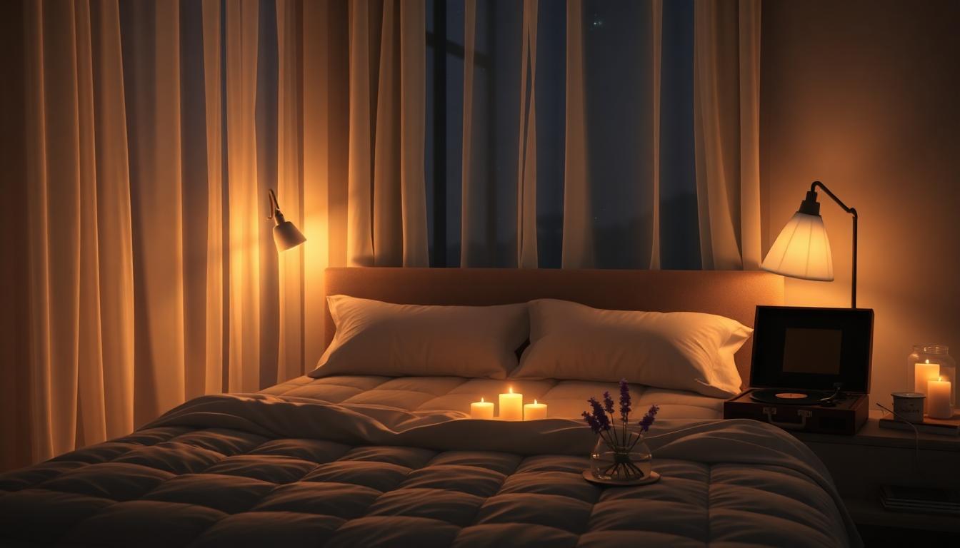 Cozy bedroom with soft lighting, plush bedding, sheer curtains, candles, and vintage record player.