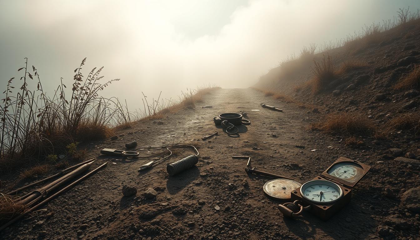 A desolate path with obstacles symbolizing unachieved goals, fading into a foggy horizon.