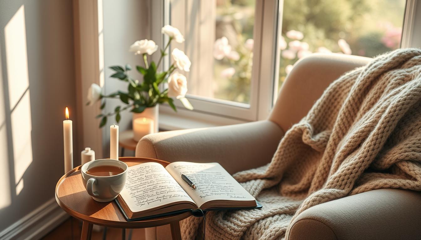 Cozy corner with armchair, tea, journal, candle, sunlit garden view, symbolizing self-care.