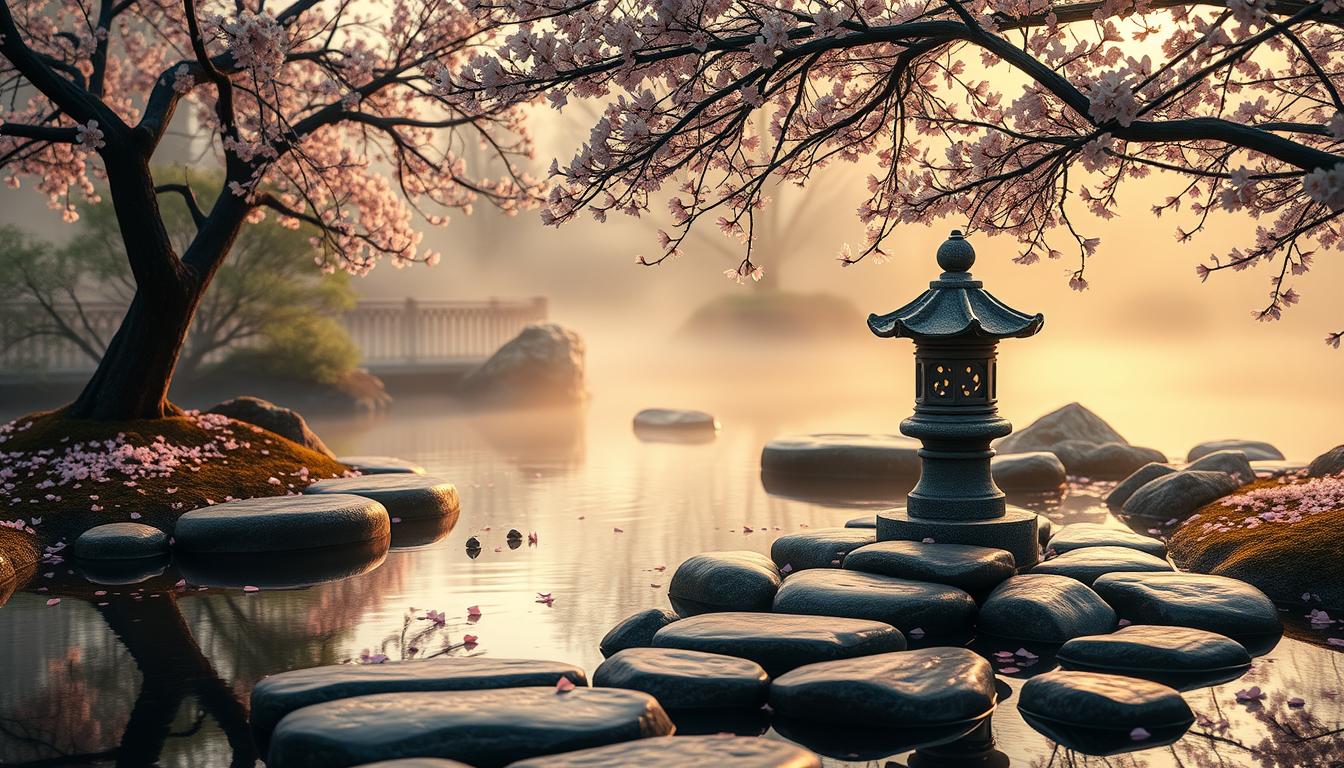 Tranquil Zen garden at dawn with koi pond, cherry blossoms, and glowing stone lantern.