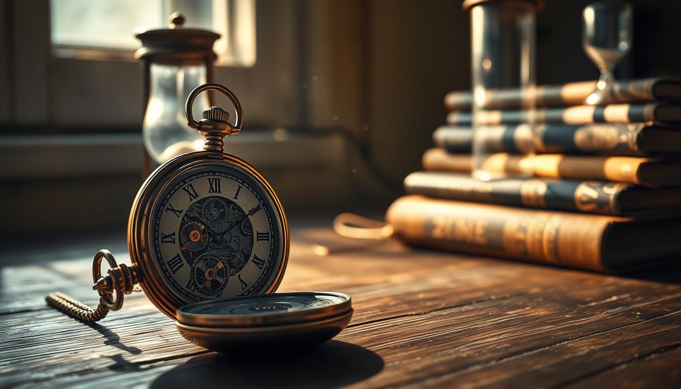 Antique pocket watch on wooden desk with sunlight, hourglass, and books in background.