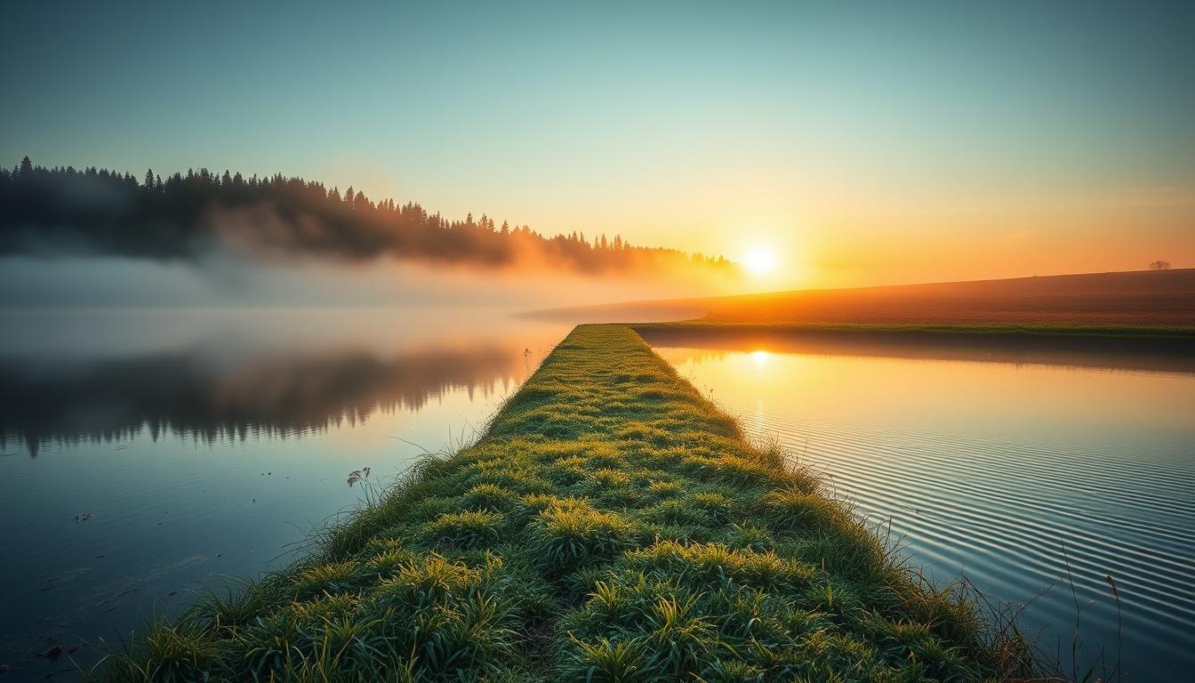 Dawn at tranquil lake with diverging paths; introspective scene reflecting choices amid nature.