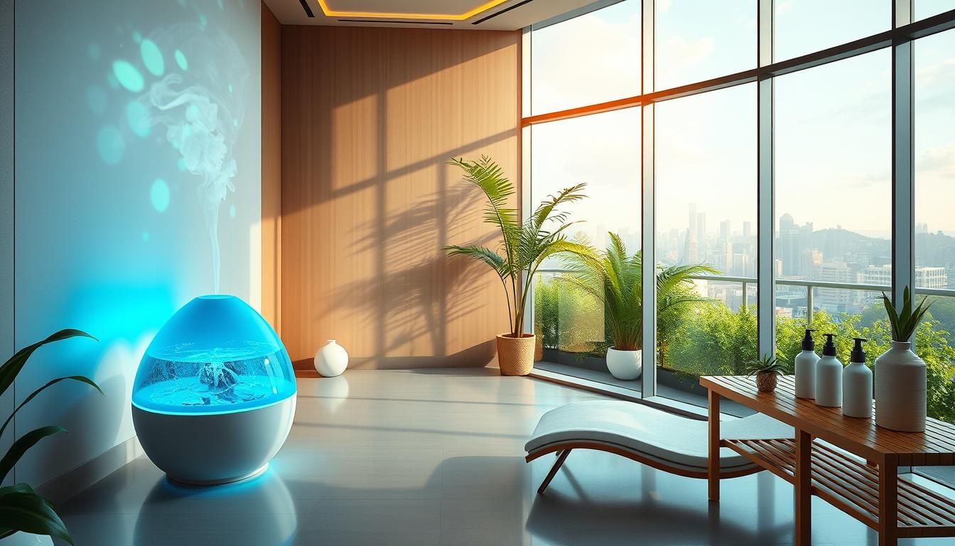 Futuristic self-care sanctuary with smart devices, natural elements, and city skyline view.