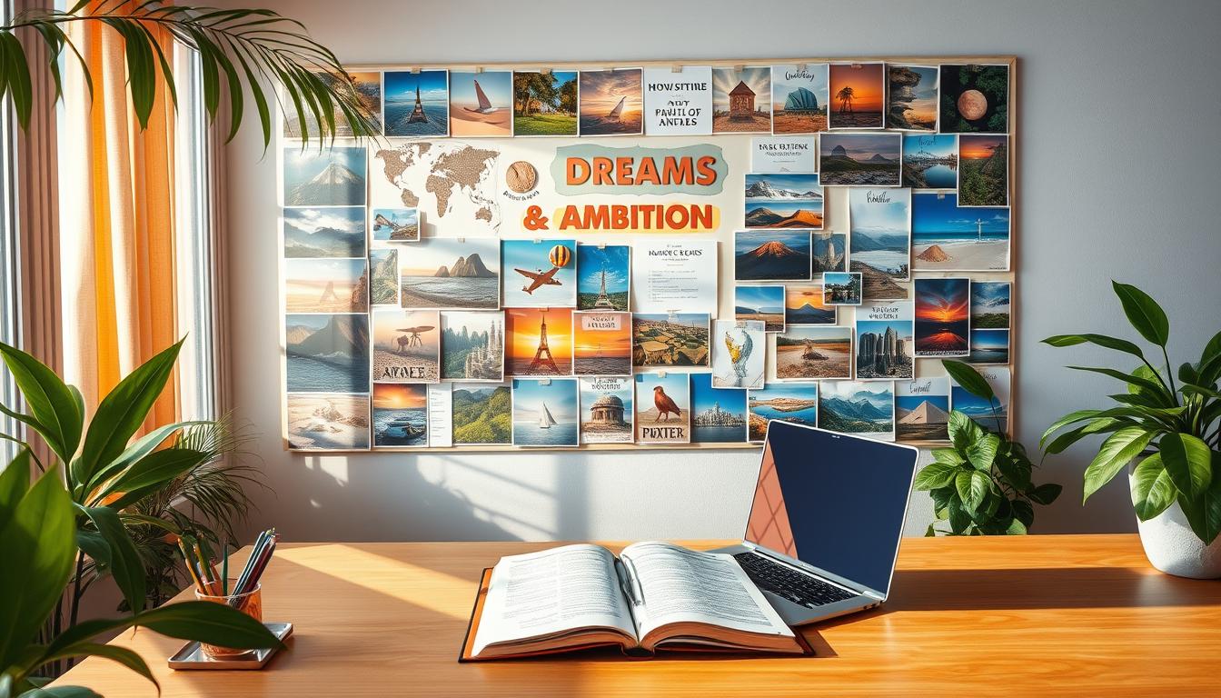 Vision board on wooden desk, bathed in morning sunlight, symbolizing goals and aspirations.