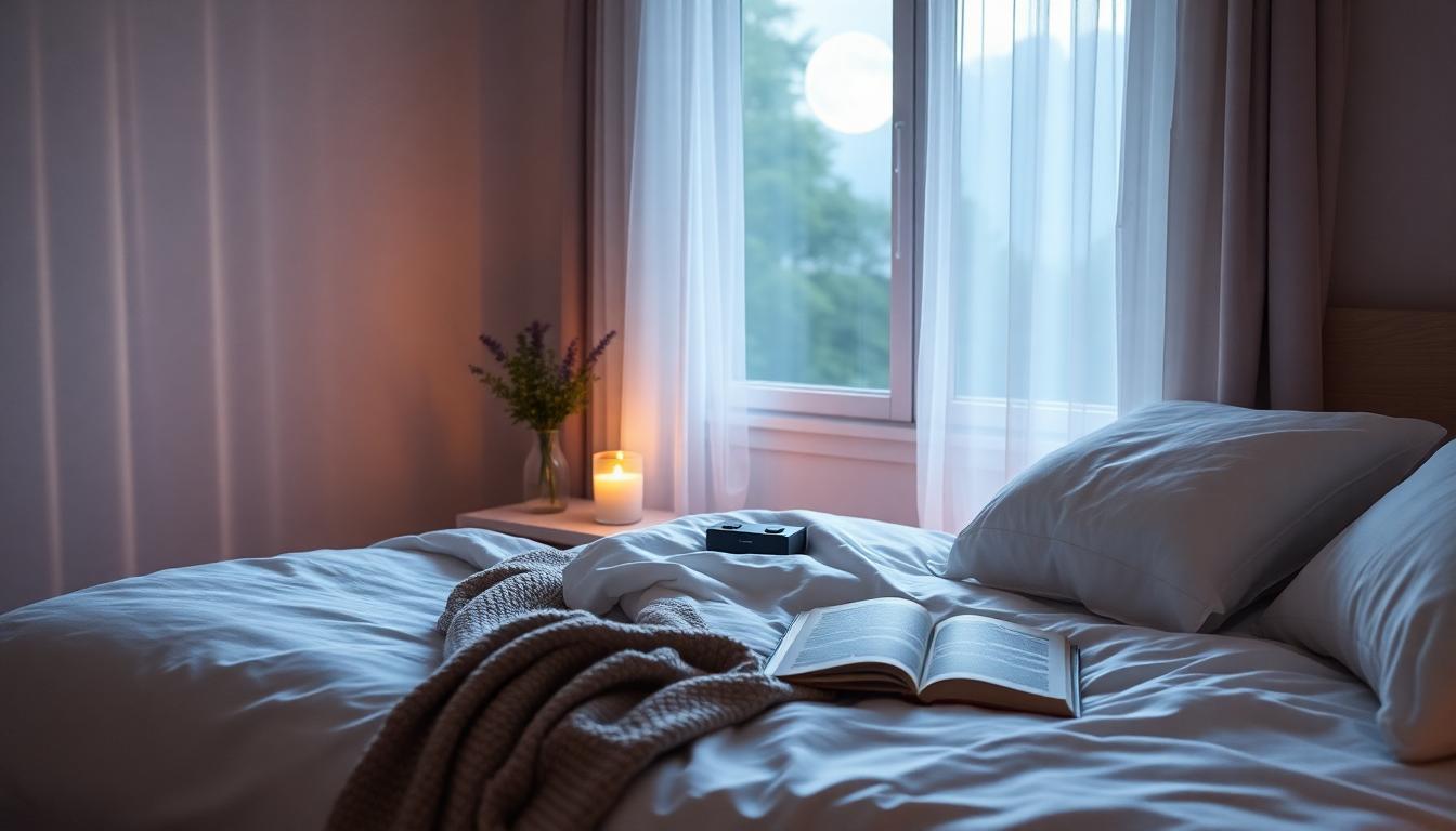 Moonlit bedroom with inviting bed, flickering candle, herbal tea, and soothing ambiance.