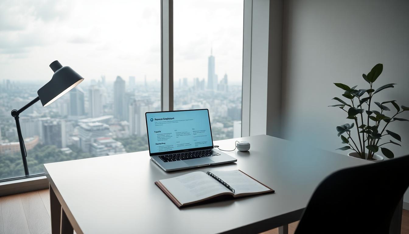 Minimalist workspace in 2025 with futuristic AI interface, panoramic cityscape view, and potted plant.