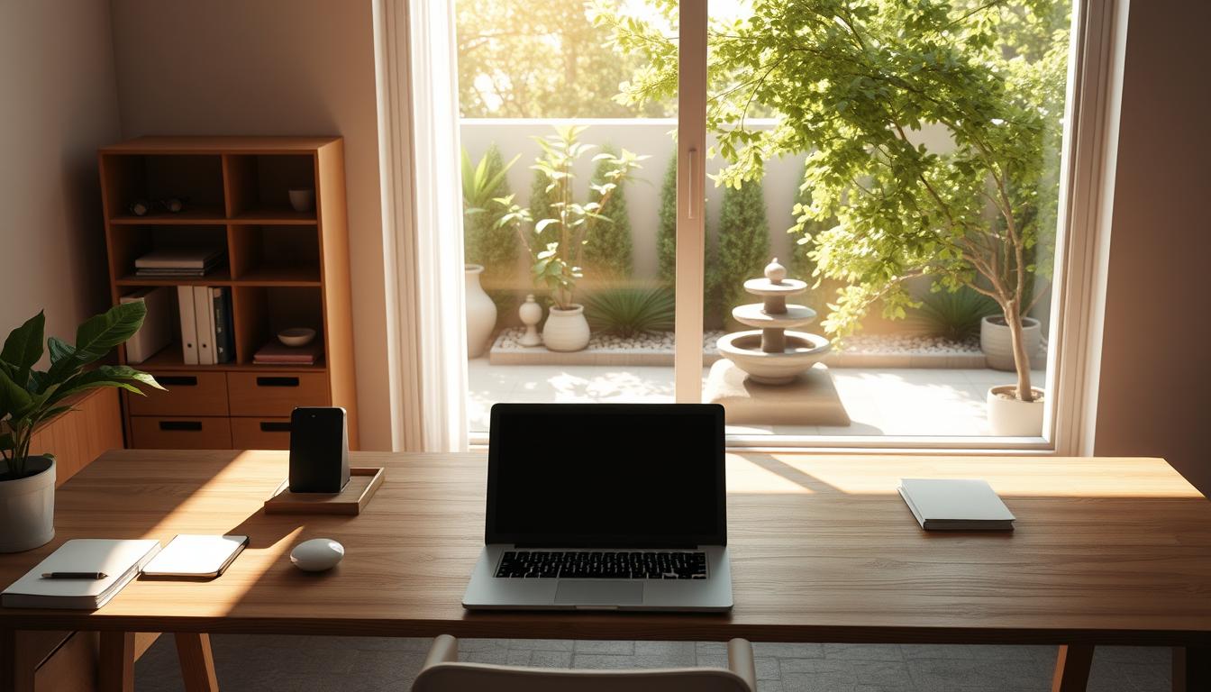 Minimalist workspace with laptop, natural light, and a tranquil garden view.