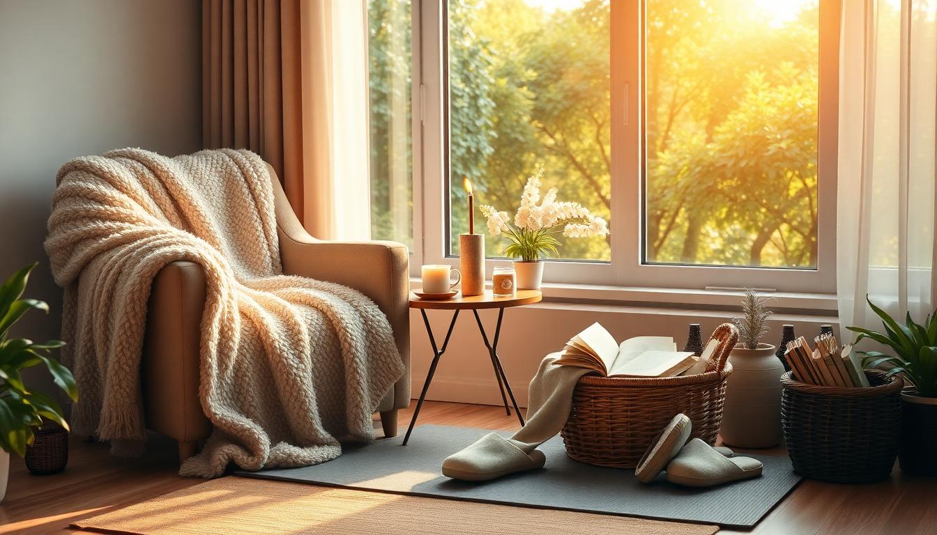 Cozy living room corner with armchair, tea, candle, and view of garden.