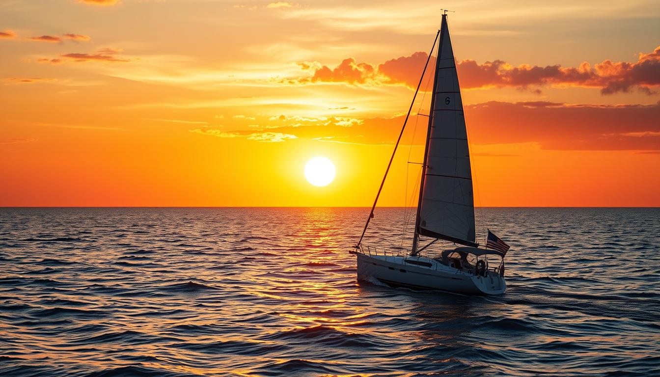 Lone sailboat on a tranquil ocean under a vibrant sunset, symbolizing endless possibilities.