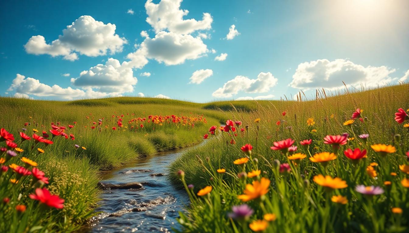 Sunlit meadow with vibrant wildflowers, sparkling brook, and azure sky with fluffy clouds.