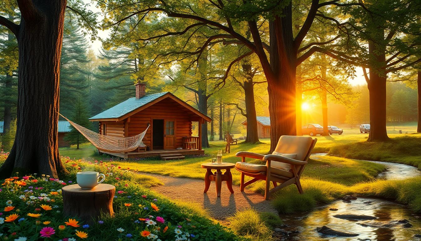 Idyllic retreat with a cozy cabin, hammock, tea, and stream in tranquil forest.