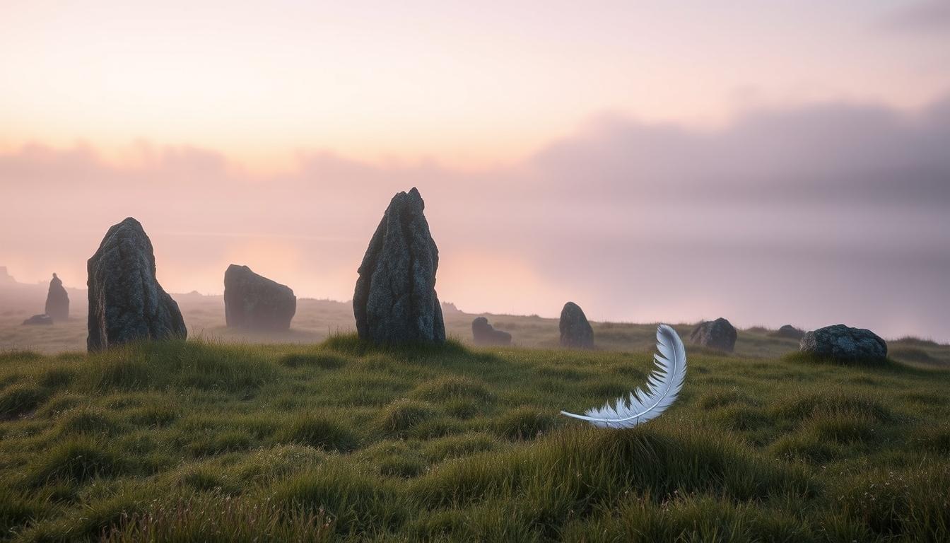 Mist-covered Scottish Loch at dawn with standing stones and floating feather, evoking introspection.