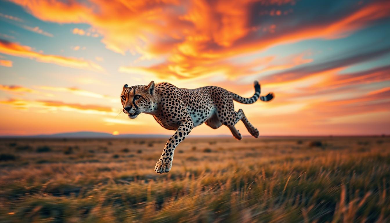 A focused cheetah sprinting across a sunlit savannah, embodying ambition and determination.