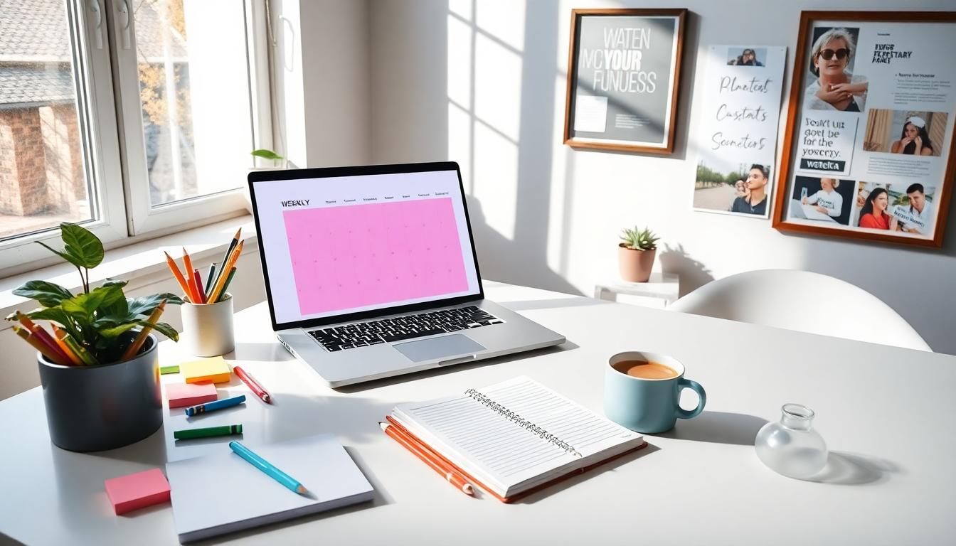 A sleek, organized workspace with laptop planner, stationery, coffee, and bright natural light.